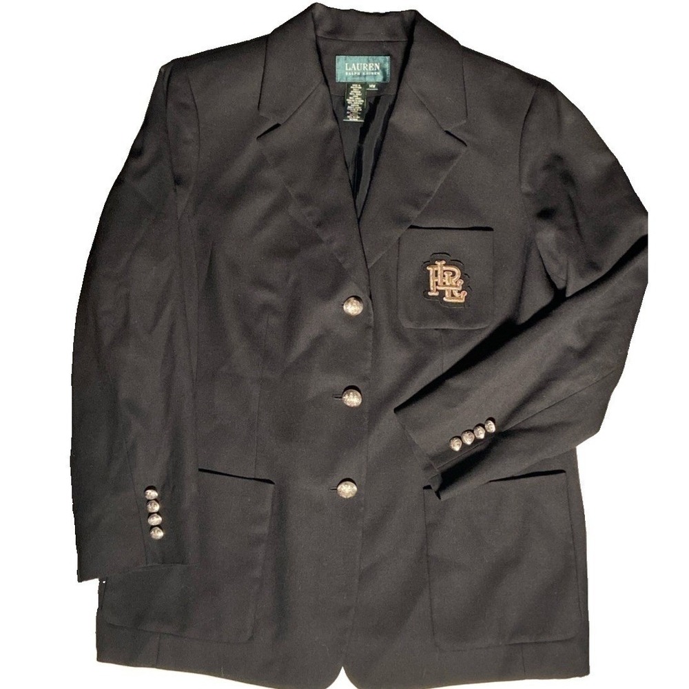 Lauren Ralph Lauren Wool Crest Blazer Women 14W Black Military Equestrian Jacket
